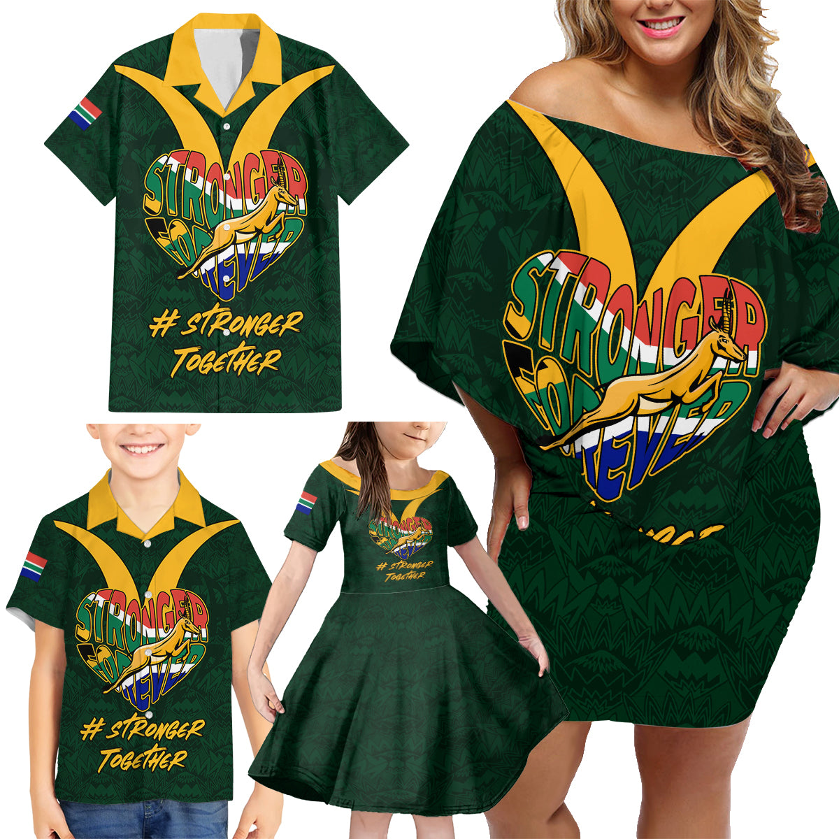 Custom South Africa Rugby Family Matching Off Shoulder Short Dress and Hawaiian Shirt Stronger Together Stronger Forever Bokke World Cup 2023 - Wonder Print Shop