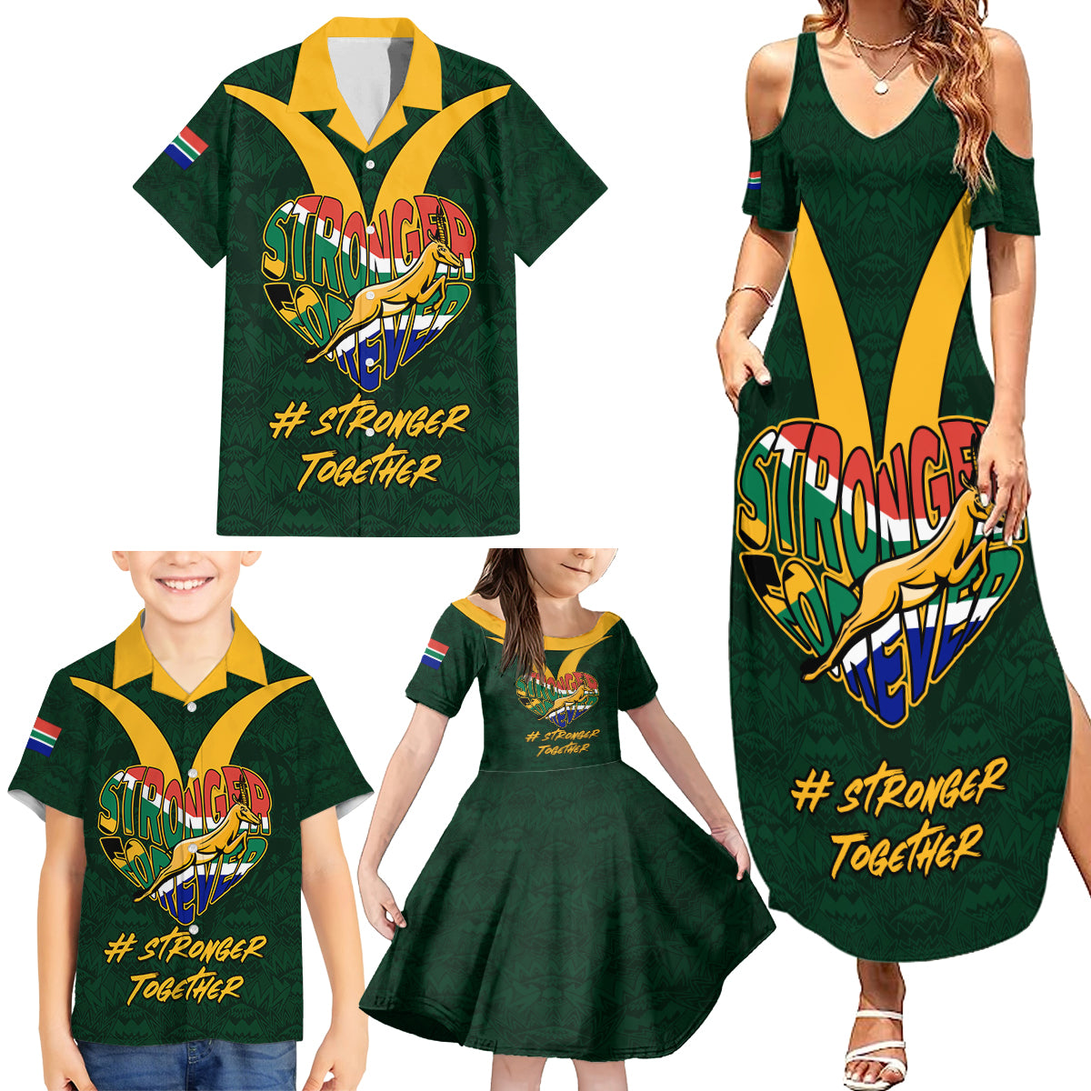 Custom South Africa Rugby Family Matching Summer Maxi Dress and Hawaiian Shirt Stronger Together Stronger Forever Bokke World Cup 2023 - Wonder Print Shop