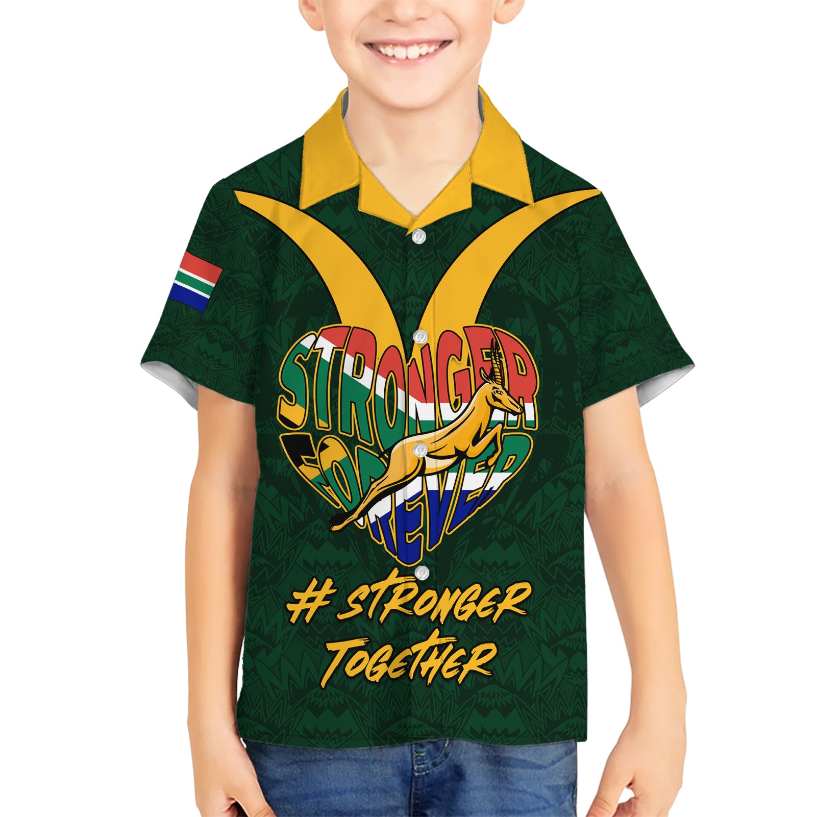 Custom South Africa Rugby Kid Hawaiian Shirt Stronger Together Stronger Forever Bokke World Cup 2023 - Wonder Print Shop