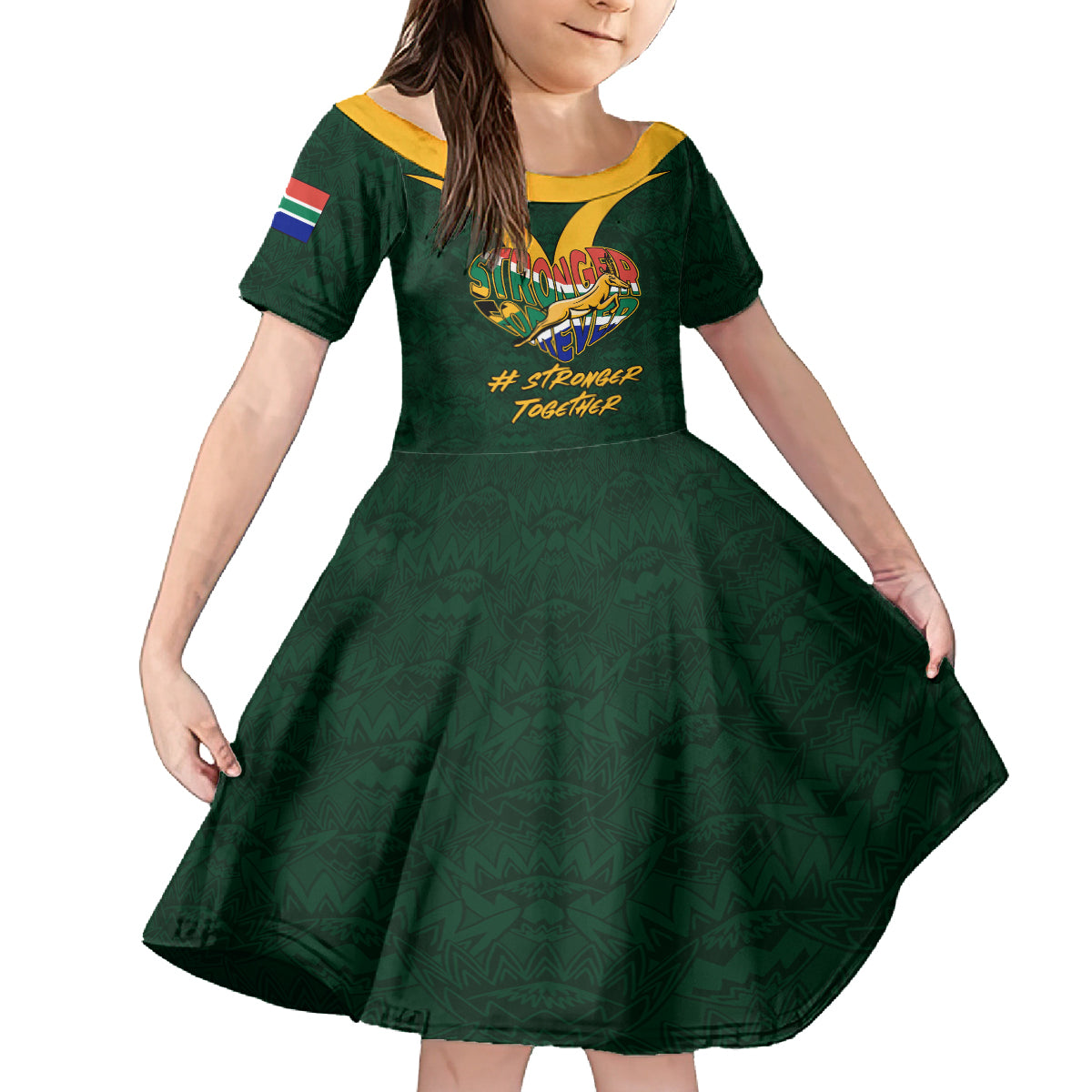 Custom South Africa Rugby Kid Short Sleeve Dress Stronger Together Stronger Forever Bokke World Cup 2023 - Wonder Print Shop