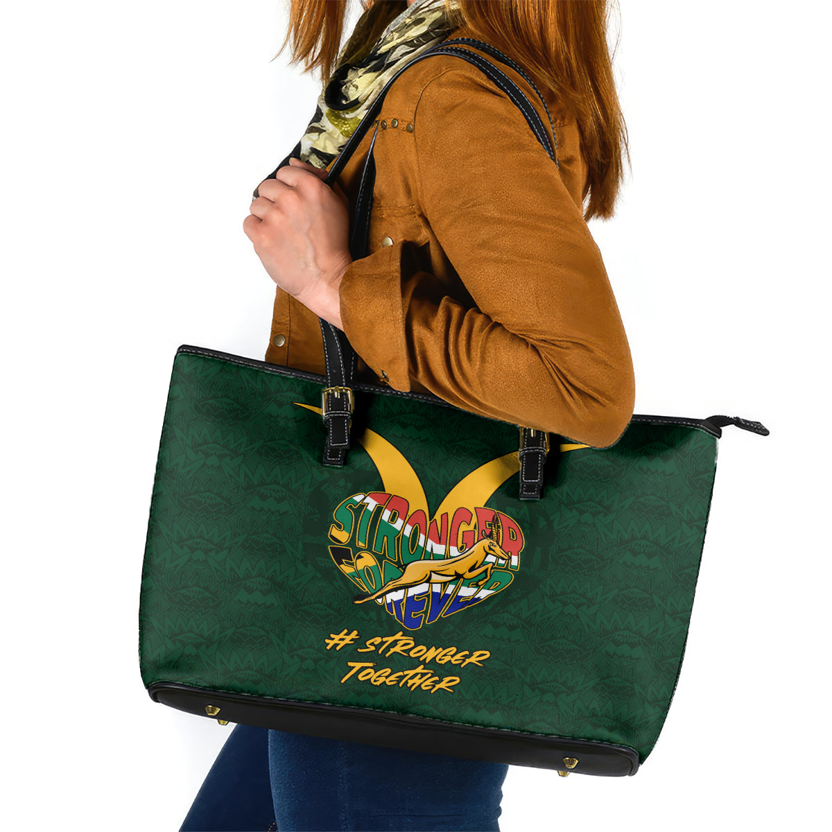 Custom South Africa Rugby Leather Tote Bag Stronger Together Stronger Forever Bokke World Cup 2023 - Wonder Print Shop