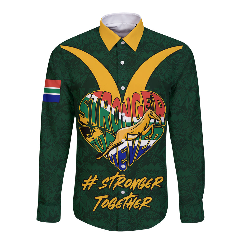 Custom South Africa Rugby Long Sleeve Button Shirt Stronger Together Stronger Forever Bokke World Cup 2023 - Wonder Print Shop