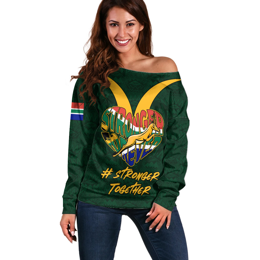 Custom South Africa Rugby Off Shoulder Sweater Stronger Together Stronger Forever Bokke World Cup 2023 - Wonder Print Shop