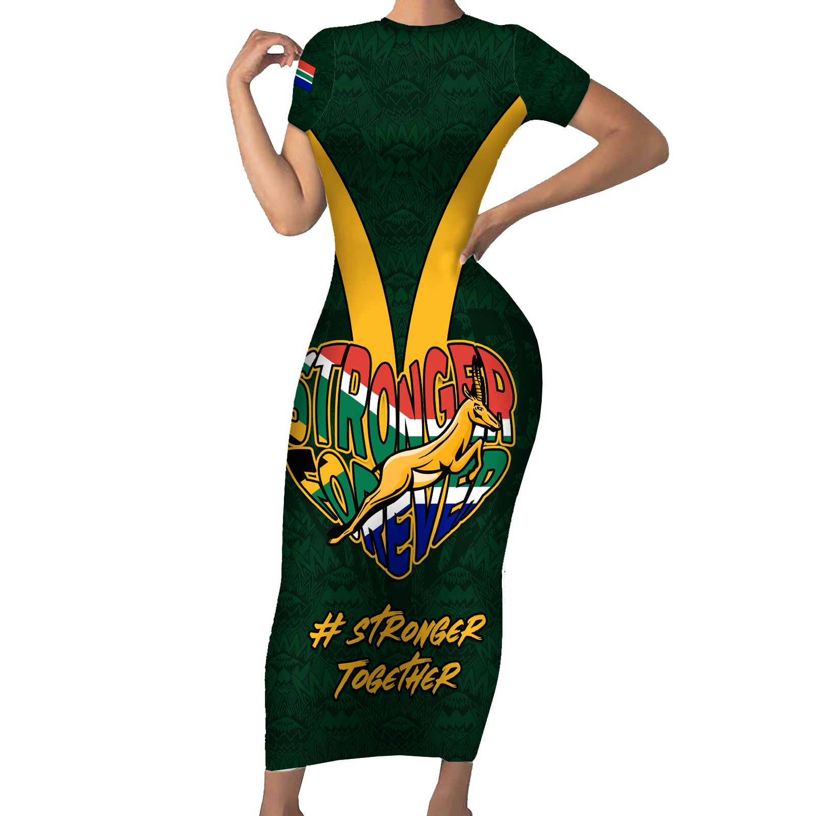 Custom South Africa Rugby Short Sleeve Bodycon Dress Stronger Together Stronger Forever Bokke World Cup 2023 - Wonder Print Shop