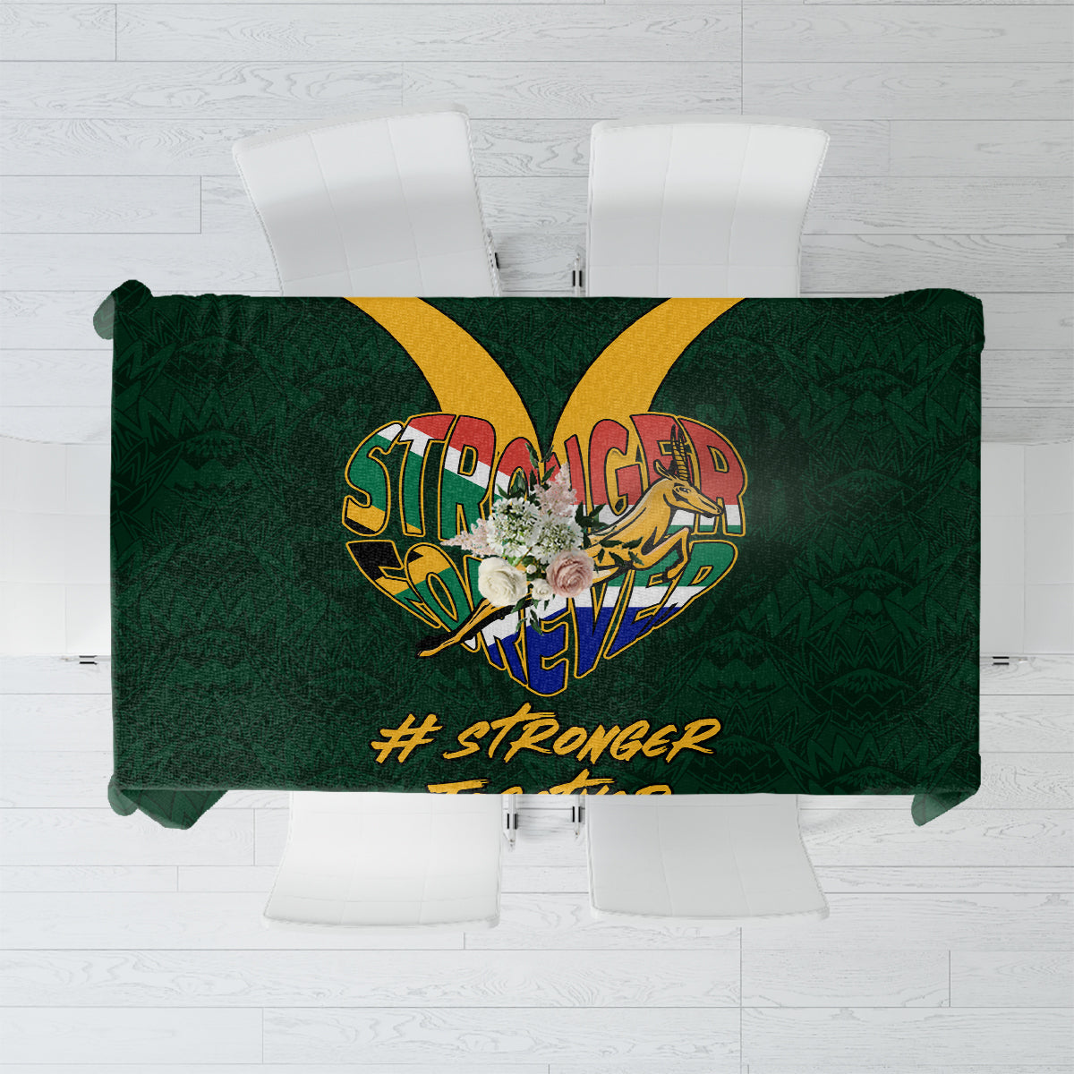 Green rugby tablecloth with Stronger Together graphic, crest, and #stronger text