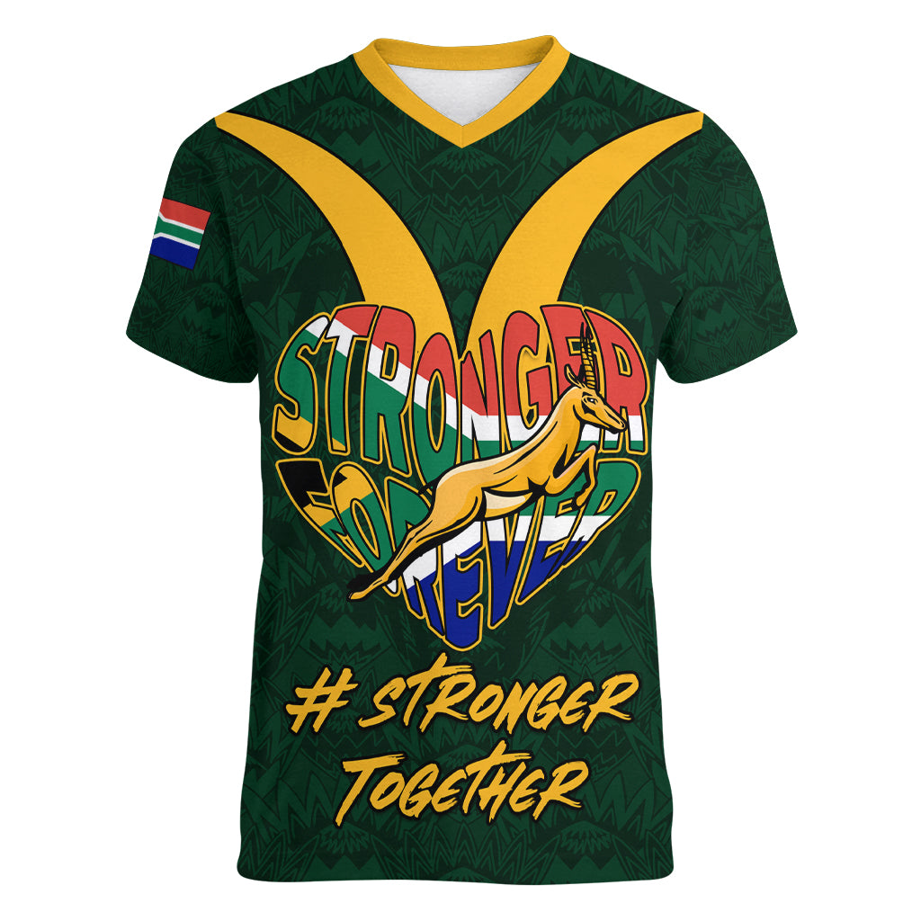 Custom South Africa Rugby Women V Neck T Shirt Stronger Together Stronger Forever Bokke World Cup 2023 - Wonder Print Shop