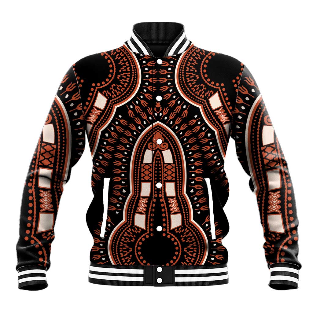 Black varsity baseball jacket with orange dashiki-style pattern, striped rib collar and cuffs