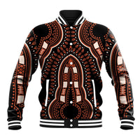 Black varsity baseball jacket with orange dashiki-style pattern, striped rib collar and cuffs
