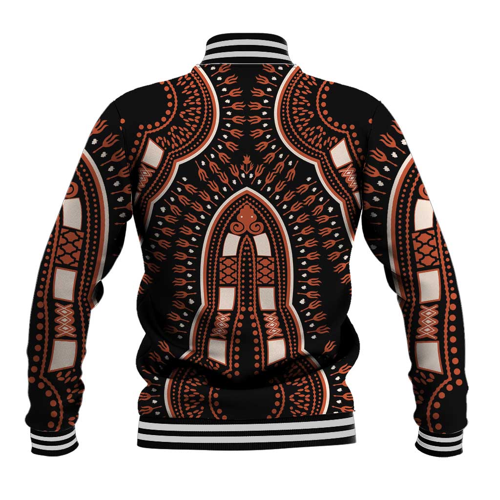 Black varsity baseball jacket with orange dashiki-style pattern on back, striped rib trim