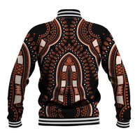 Black varsity baseball jacket with orange dashiki-style pattern on back, striped rib trim