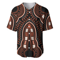 African dashiki patterned baseball jersey, black with orange-red seated figure front print