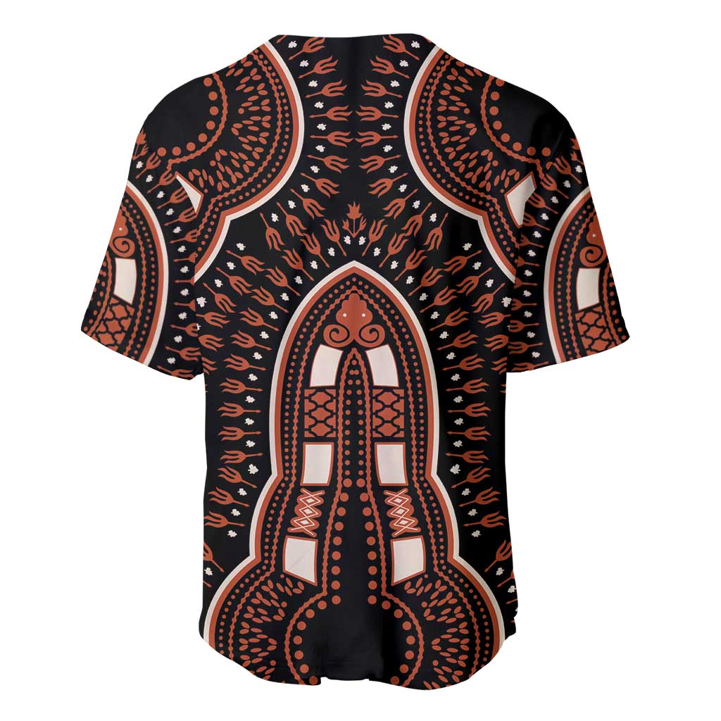 African dashiki patterned baseball jersey, black V-neck with orange-red ornate arch motif
