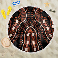Round dashiki arch blanket, black with orange pattern, white fringed edge