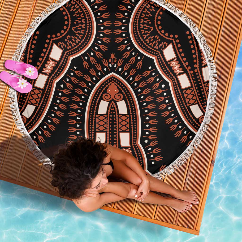 Round dashiki arch blanket, black with orange-and-brown motif, white fringed edge