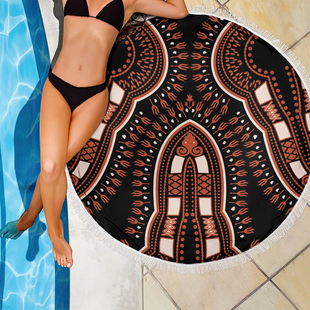 Round dashiki arch blanket corner, black with orange arch print, white fringed border