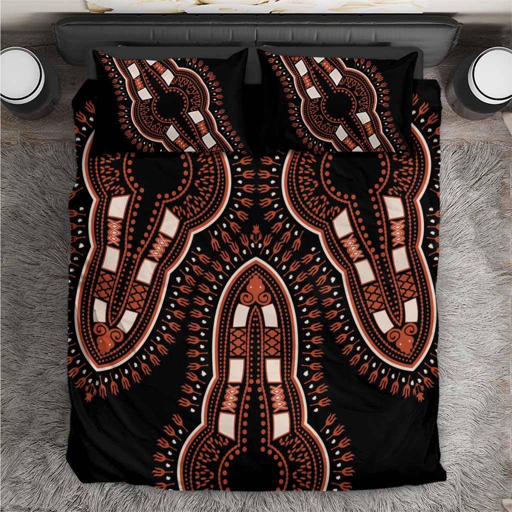 Black African dashiki pattern bedding set with central elephant motif and matching pillows