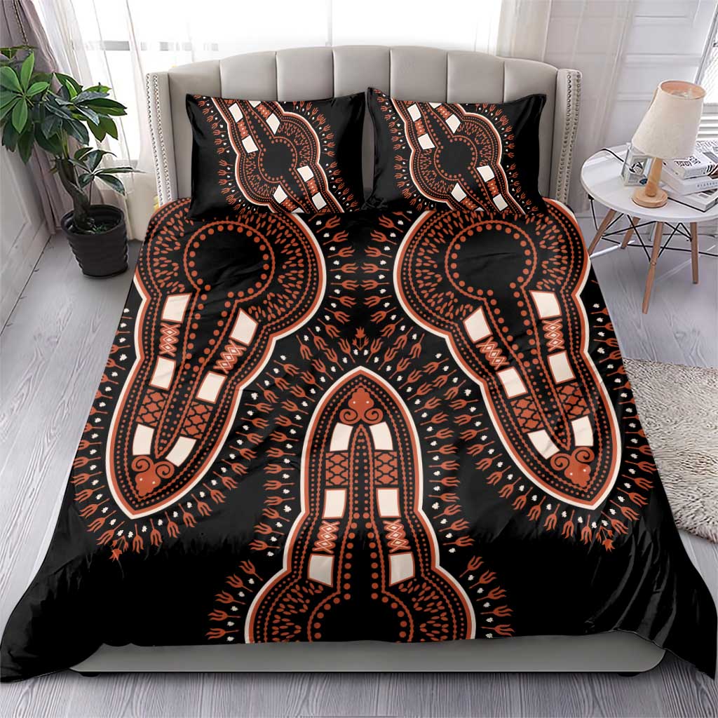 Black African dashiki pattern bedding set with large tribal elephant figures and two pillows