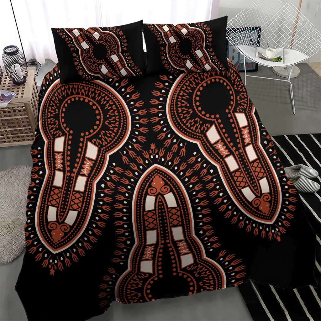 Black African dashiki pattern bedding set featuring tribal elephant figures on duvet and pillow