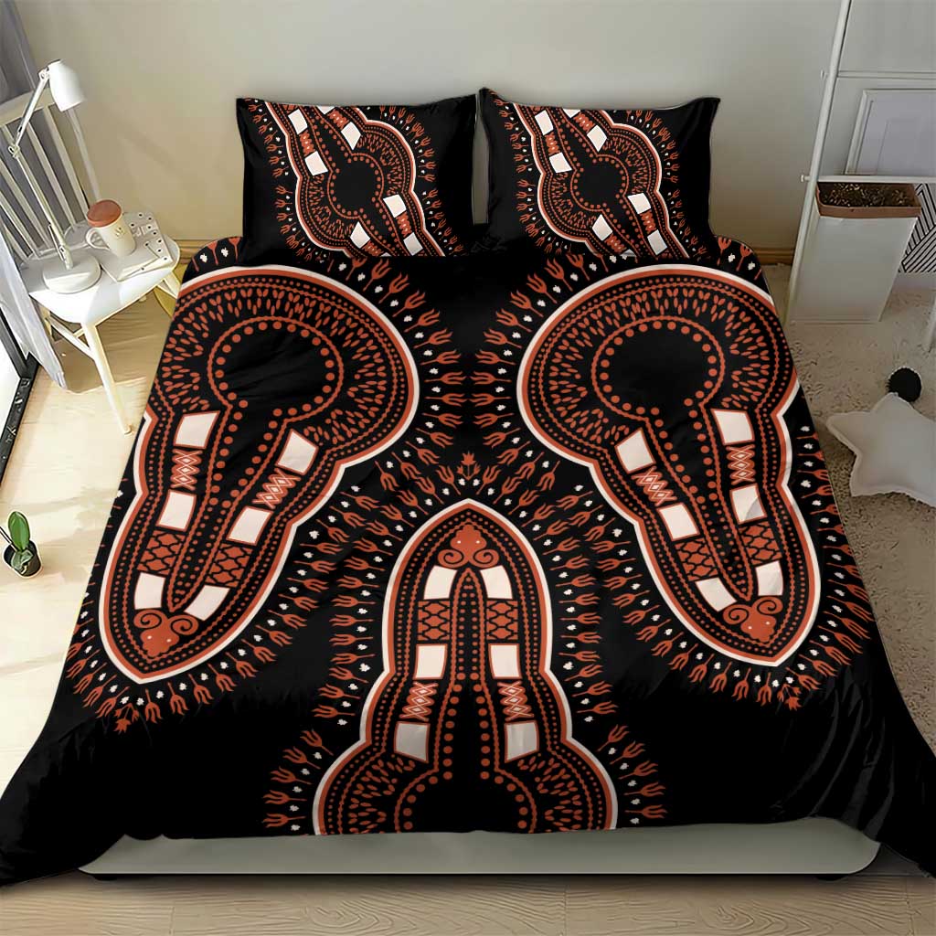 Black African dashiki pattern bedding set with bold elephant motifs and two matching pillowcases