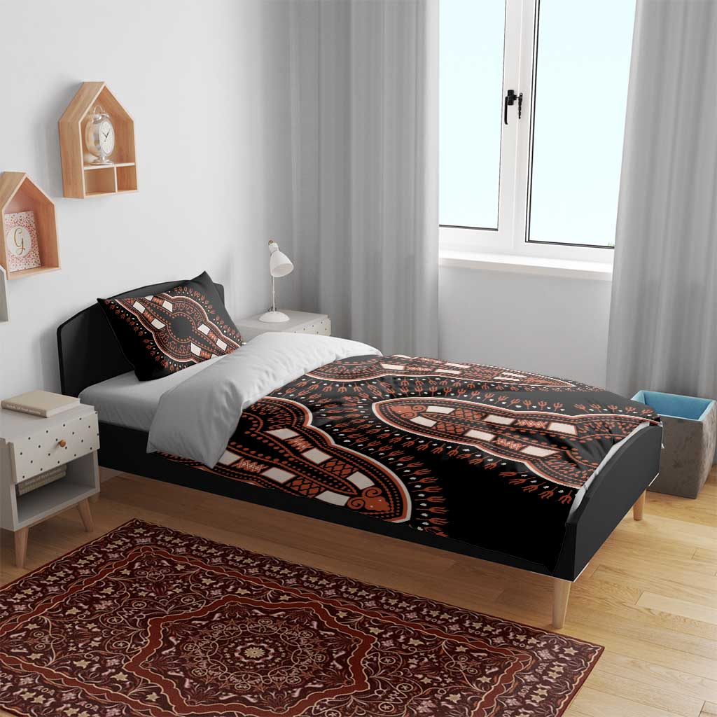 Black African dashiki pattern bedding set with elephant motif duvet and two accent pillows