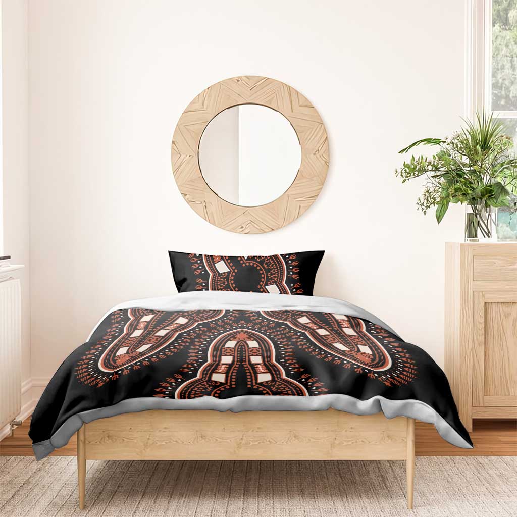Black African dashiki pattern bedding set with centered elephant motif duvet and pillow