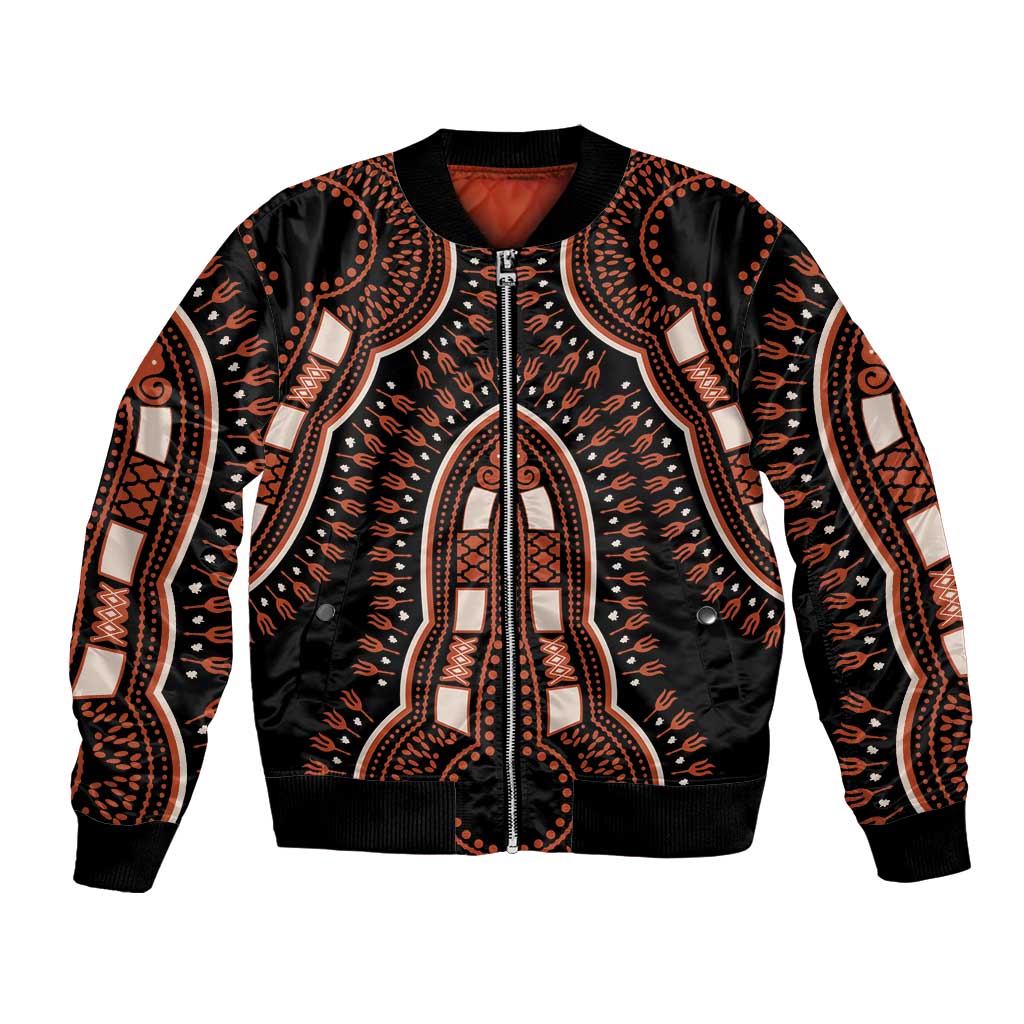 Black dashiki-pattern bomber jacket with front zipper and ribbed cuffs; orange/white print