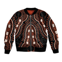 Black dashiki-pattern bomber jacket with front zipper and ribbed cuffs; orange/white print