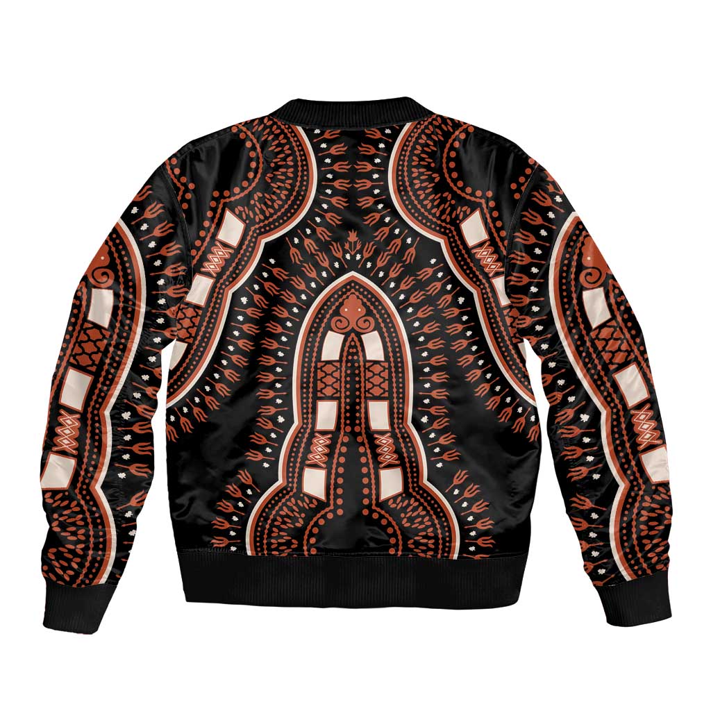 Black dashiki-pattern bomber jacket with ribbed hem and collar; large motif in orange and white