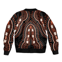 Black dashiki-pattern bomber jacket with ribbed hem and collar; large motif in orange and white