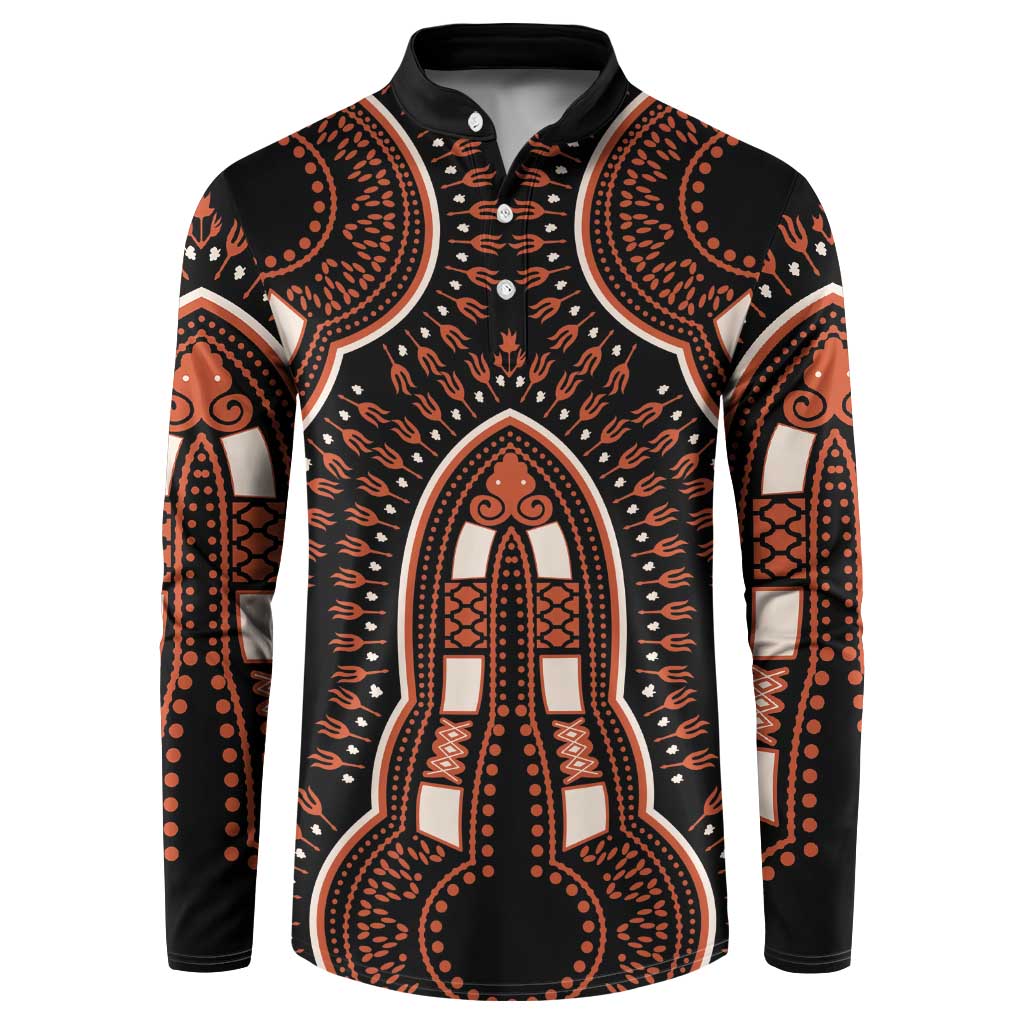 Black dashiki-pattern button sweatshirt with orange geometric figures, long sleeves