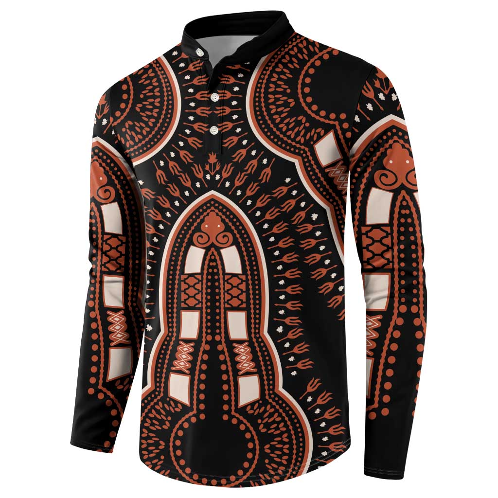 Black dashiki-pattern button sweatshirt with orange arches and figures, long sleeves