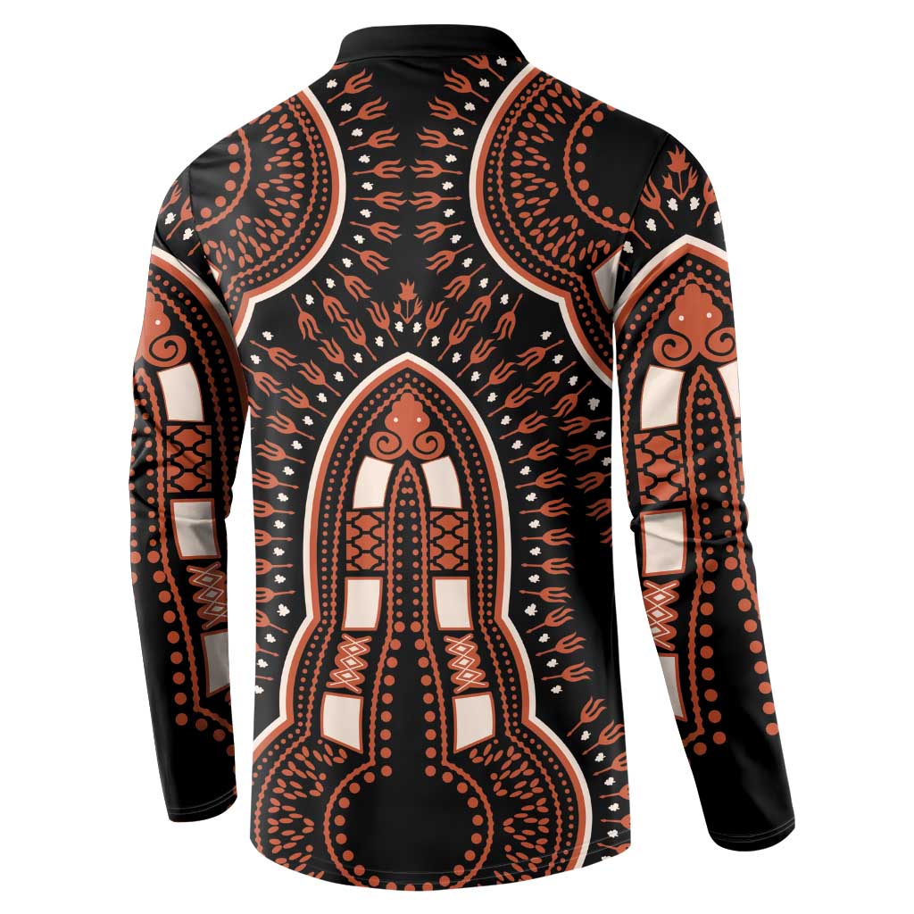 Black dashiki-pattern button sweatshirt back view, orange arch and flame-like motif