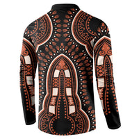 Black dashiki-pattern button sweatshirt back view, orange arch and flame-like motif
