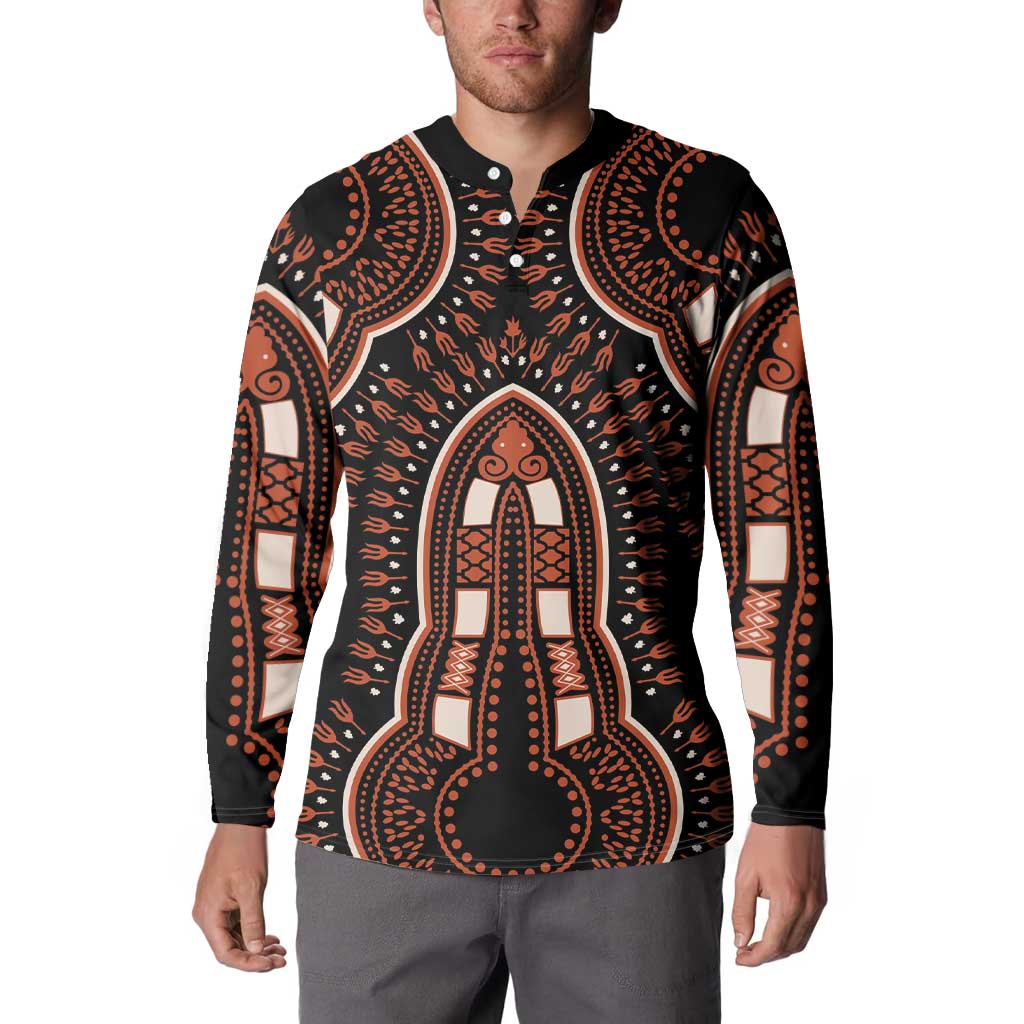 Black dashiki-pattern button sweatshirt on model, long sleeves and button placket