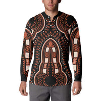 Black dashiki-pattern button sweatshirt on model, long sleeves and button placket