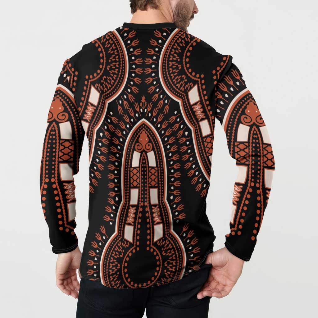 Black dashiki-pattern button sweatshirt back, orange ornate arch and central figure