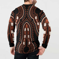 Black dashiki-pattern button sweatshirt back, orange ornate arch and central figure