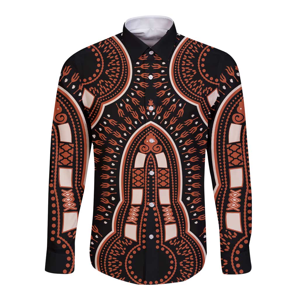 Unisex long-sleeve button shirt in black with orange dashiki-style graphic front