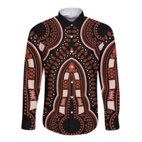 Unisex long-sleeve button shirt in black with orange dashiki-style graphic front