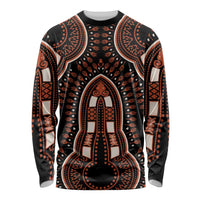 Unisex long-sleeve crewneck dashiki-style shirt, black base with orange geometric print