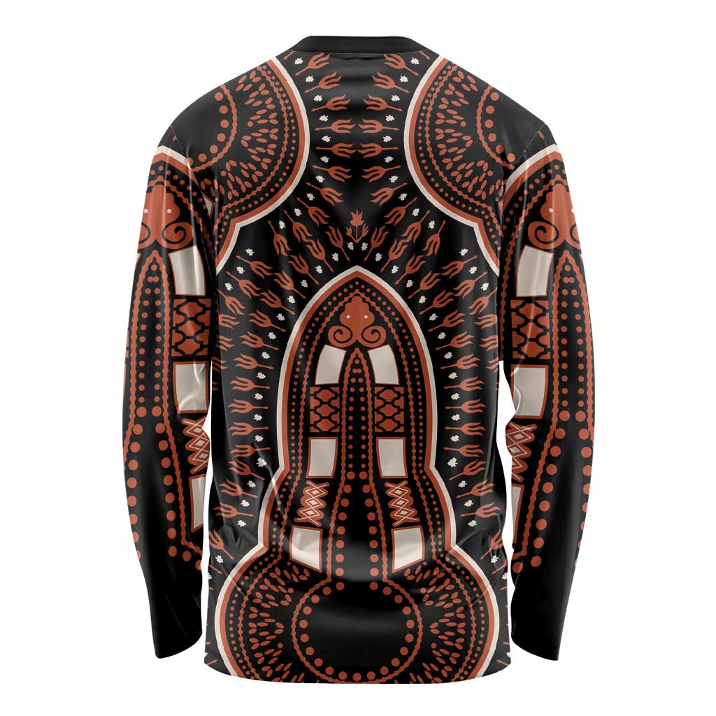 Unisex long-sleeve crewneck shirt with black and orange dashiki-style graphic print