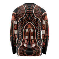 Unisex long-sleeve crewneck shirt with black and orange dashiki-style graphic print