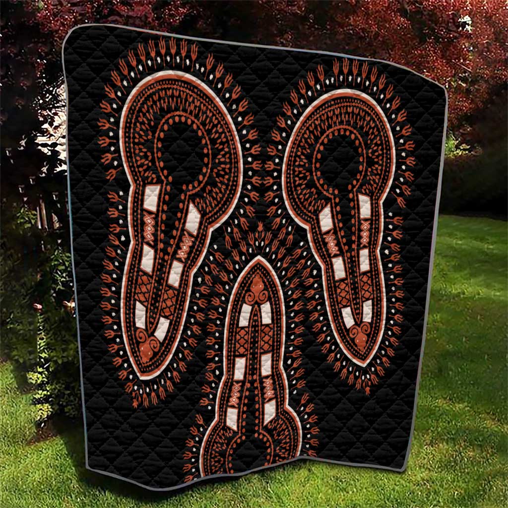 Black quilt with large center elephant motif and matching side silhouettes, quilted texture