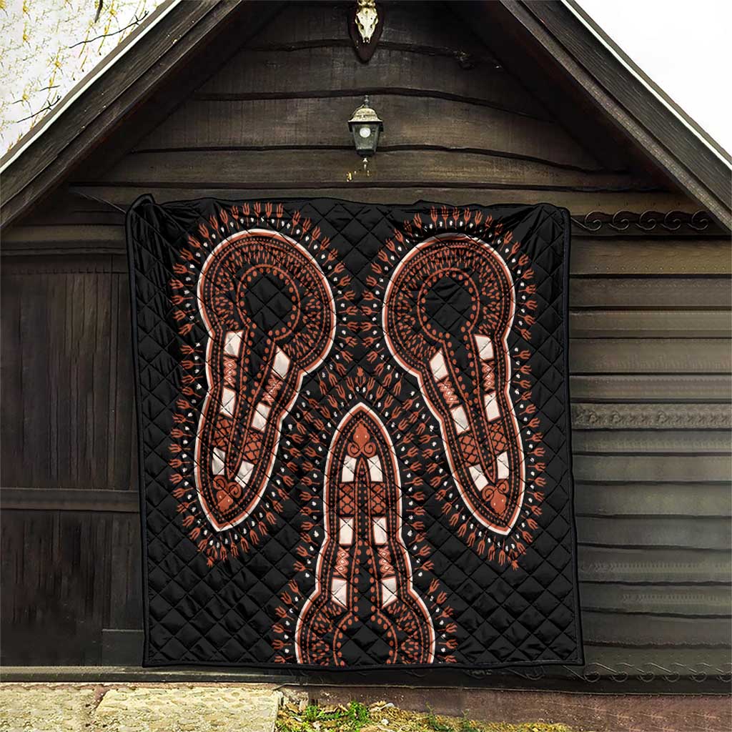Black quilt wall-hanging with orange and white elephant silhouettes and diamond quilting