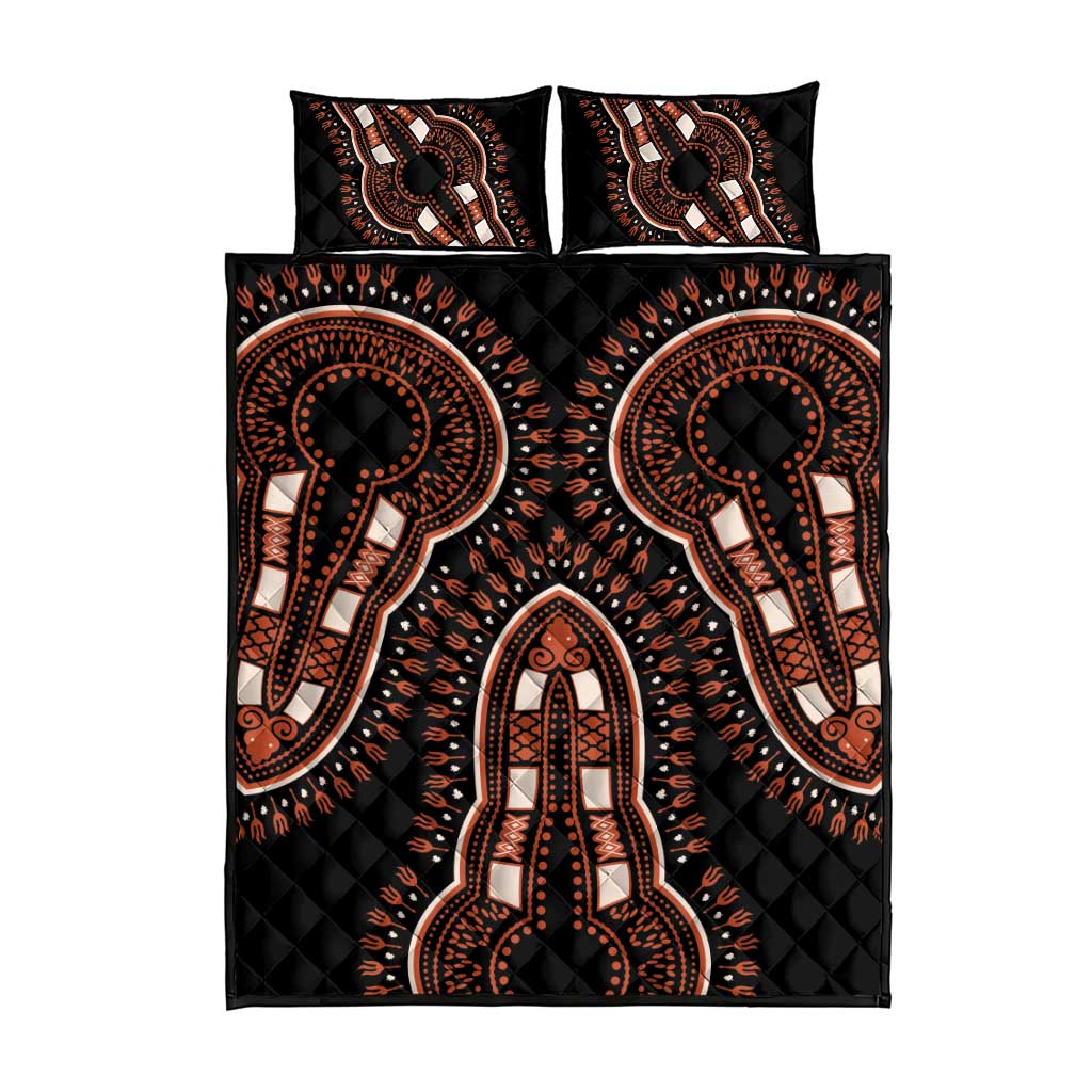 Black bed set with quilt top and two pillow shams, featuring central elephant pattern