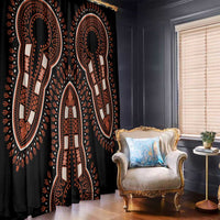 Black dashiki window curtain panel with orange and tan standing figure medallion pattern.