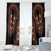 Black dashiki window curtain set with two panels and orange figure medallion pattern.