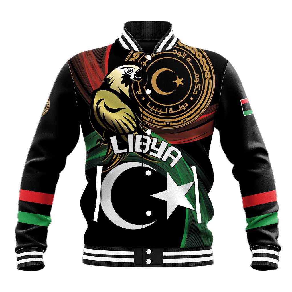 Black baseball jacket with Libya-themed front graphic, ribbed collar and striped cuffs