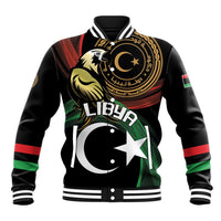 Black baseball jacket with Libya-themed front graphic, ribbed collar and striped cuffs