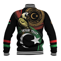 Black baseball jacket with large back print, ribbed collar and striped sleeve bands